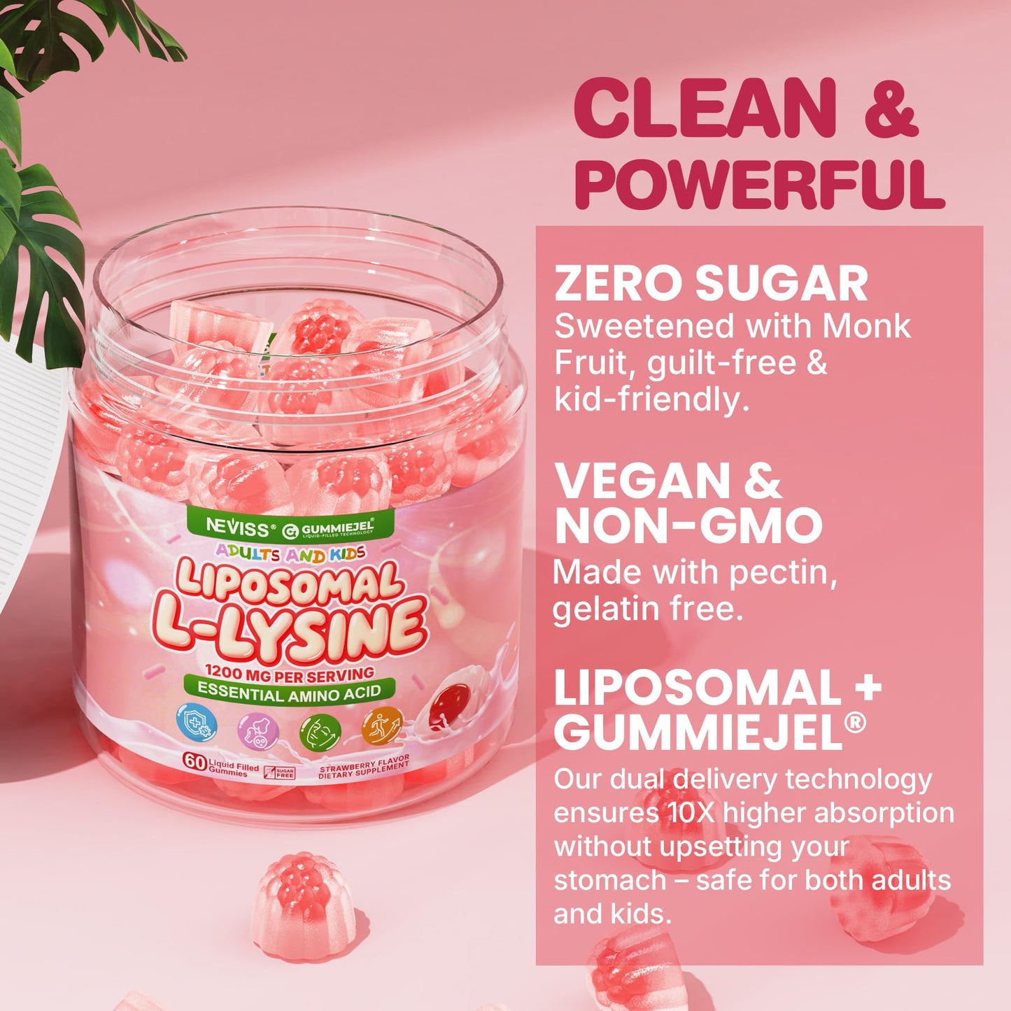 Liposomal L-Lysine Gummies 1200mg – High-Absorption Immune & Skin Support (Vegan Non-GMO Sugar-Free) – 60 Gummies