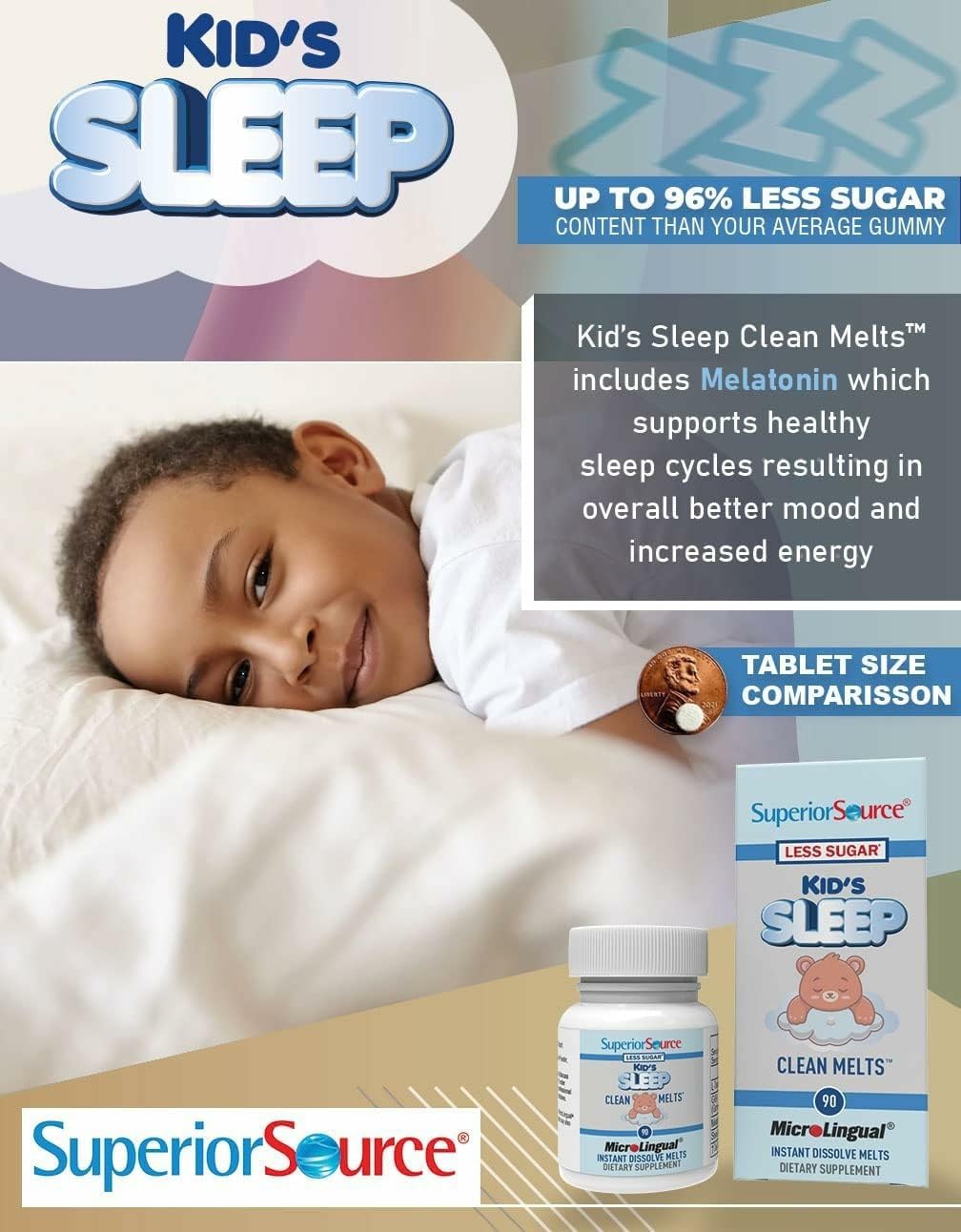 Superior Source Kid's Sleep Clean Melts – 1 mg Melatonin, 5 mg GABA & 5 mg L-Theanine (Less Sugar)
