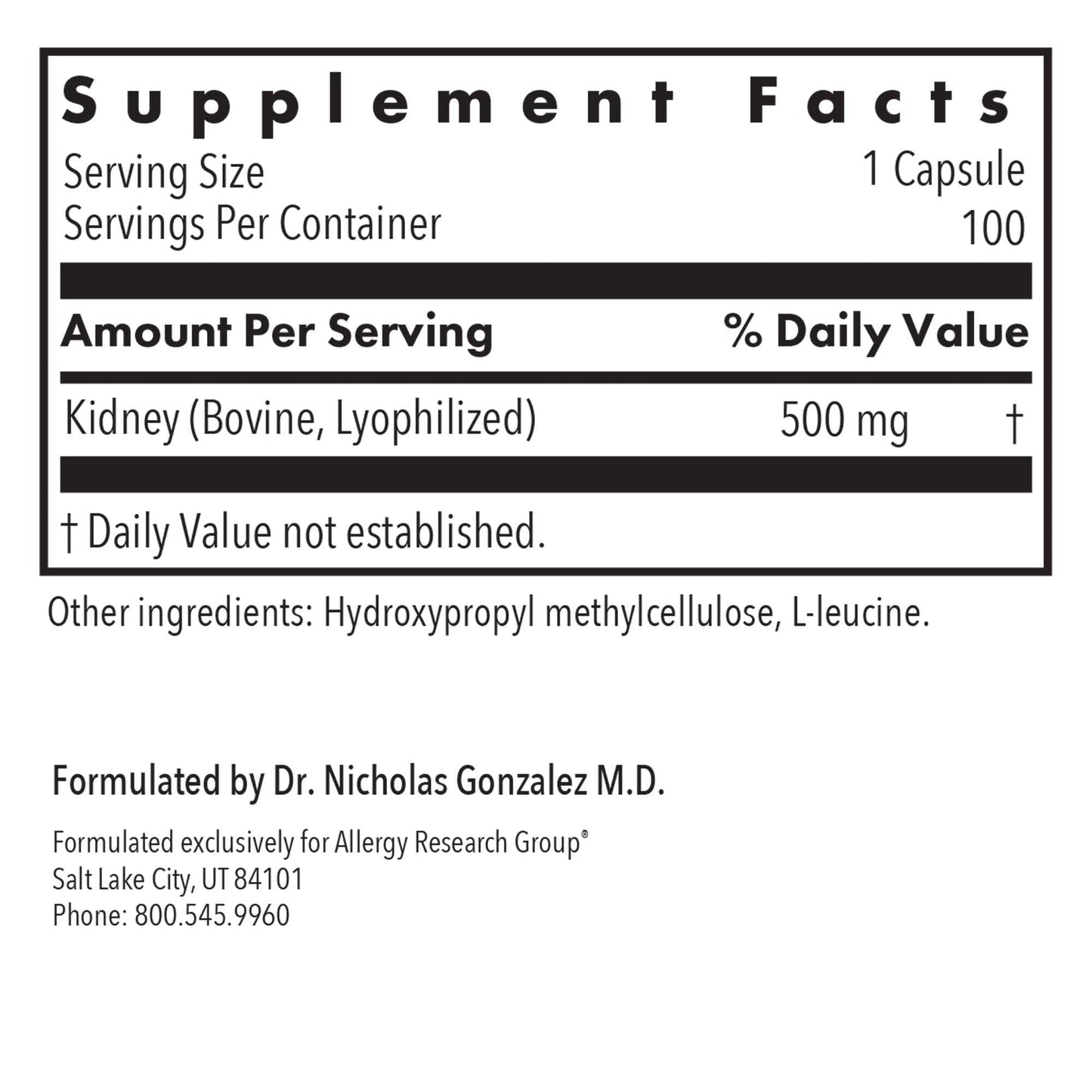 Allergy Research Group Kidney Beef Supplement - Natural Glandular, Freeze-Dried, 100 Count