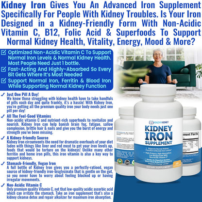 Kidney Iron Supplement Pills for Kidney Health – High-Absorption Iron Bis-Glycinate (30 Capsules)