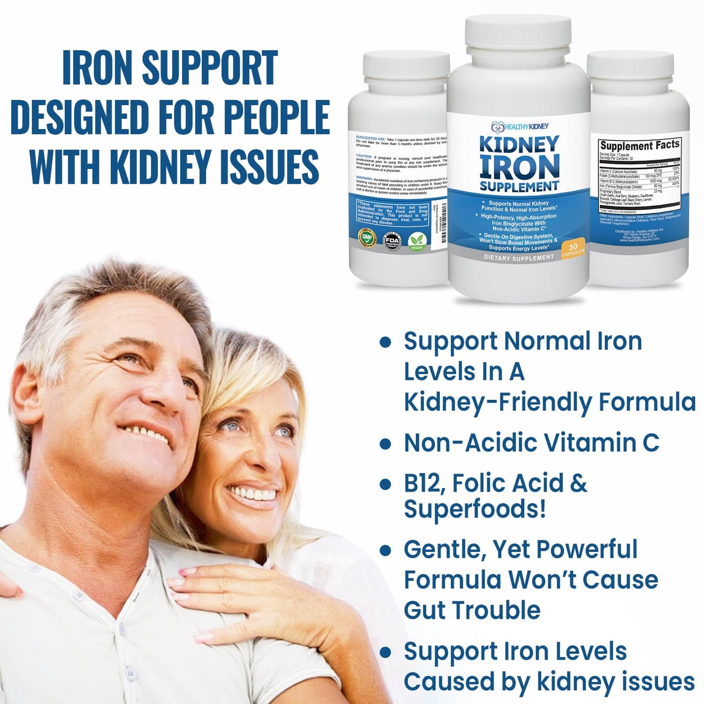Kidney Iron Supplement Pills for Kidney Health – High-Absorption Iron Bis-Glycinate (30 Capsules)