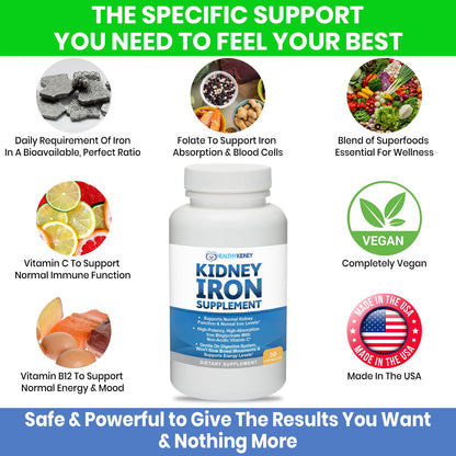 Kidney Iron Supplement Pills for Kidney Health – High-Absorption Iron Bis-Glycinate (30 Capsules)