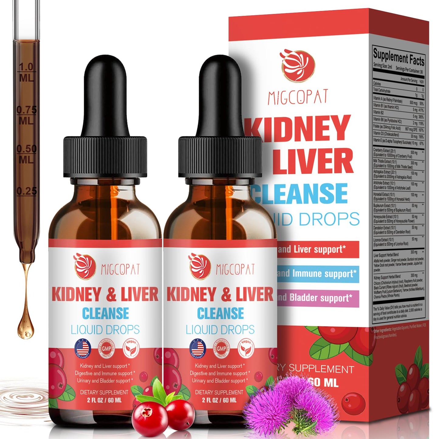Kidney & Liver Cleanse Detox & Repair Drops – 2 Pack (60ml Each) | Cranberry & Milk Thistle