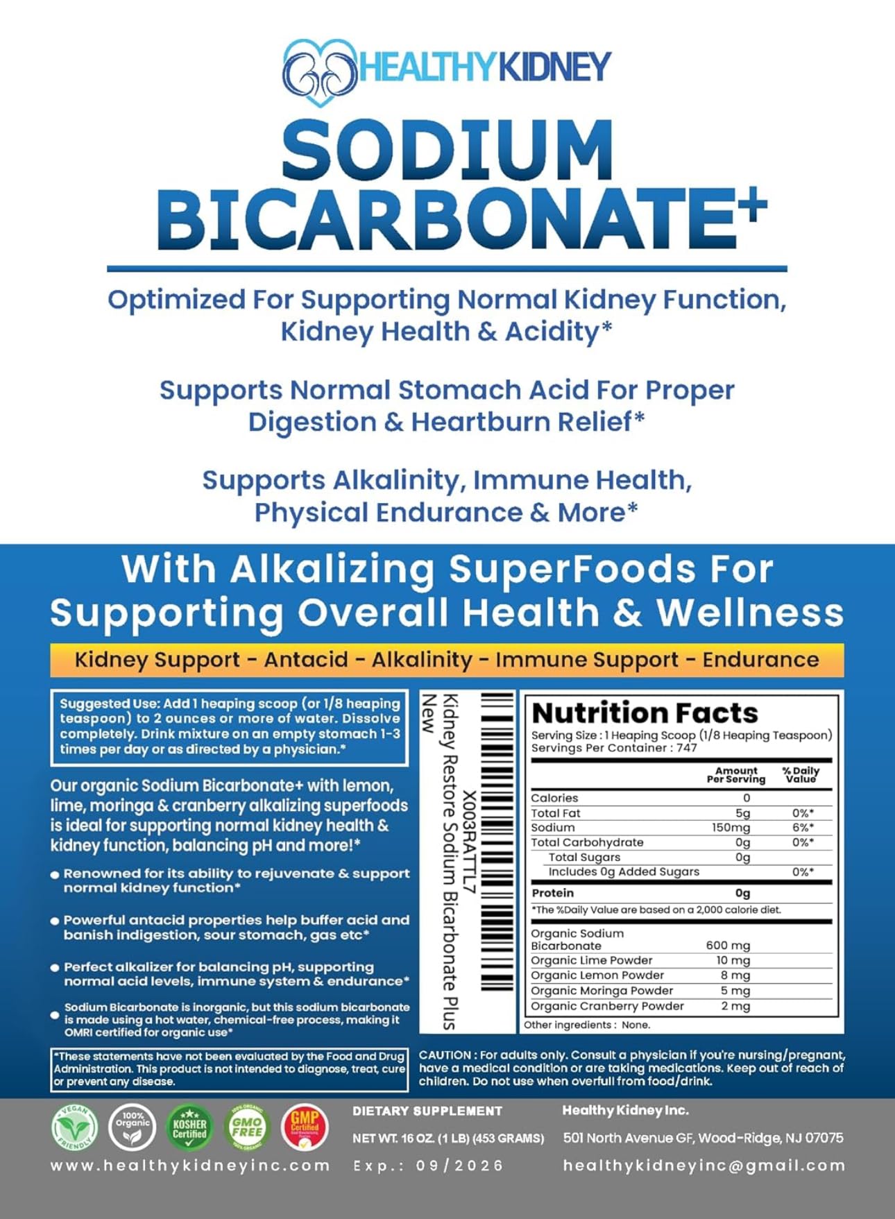 Kidney Restore Organic Sodium Bicarbonate Alkaline Supplement | Kidney Health & Stomach Support (1LB)