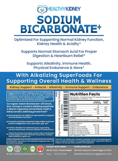 Kidney Restore Organic Sodium Bicarbonate Alkaline Supplement | Kidney Health & Stomach Support (1LB)