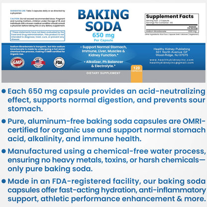 Kidney Restore Natural Baking Soda Capsules 650 mg – Aluminum-Free Sodium Bicarbonate