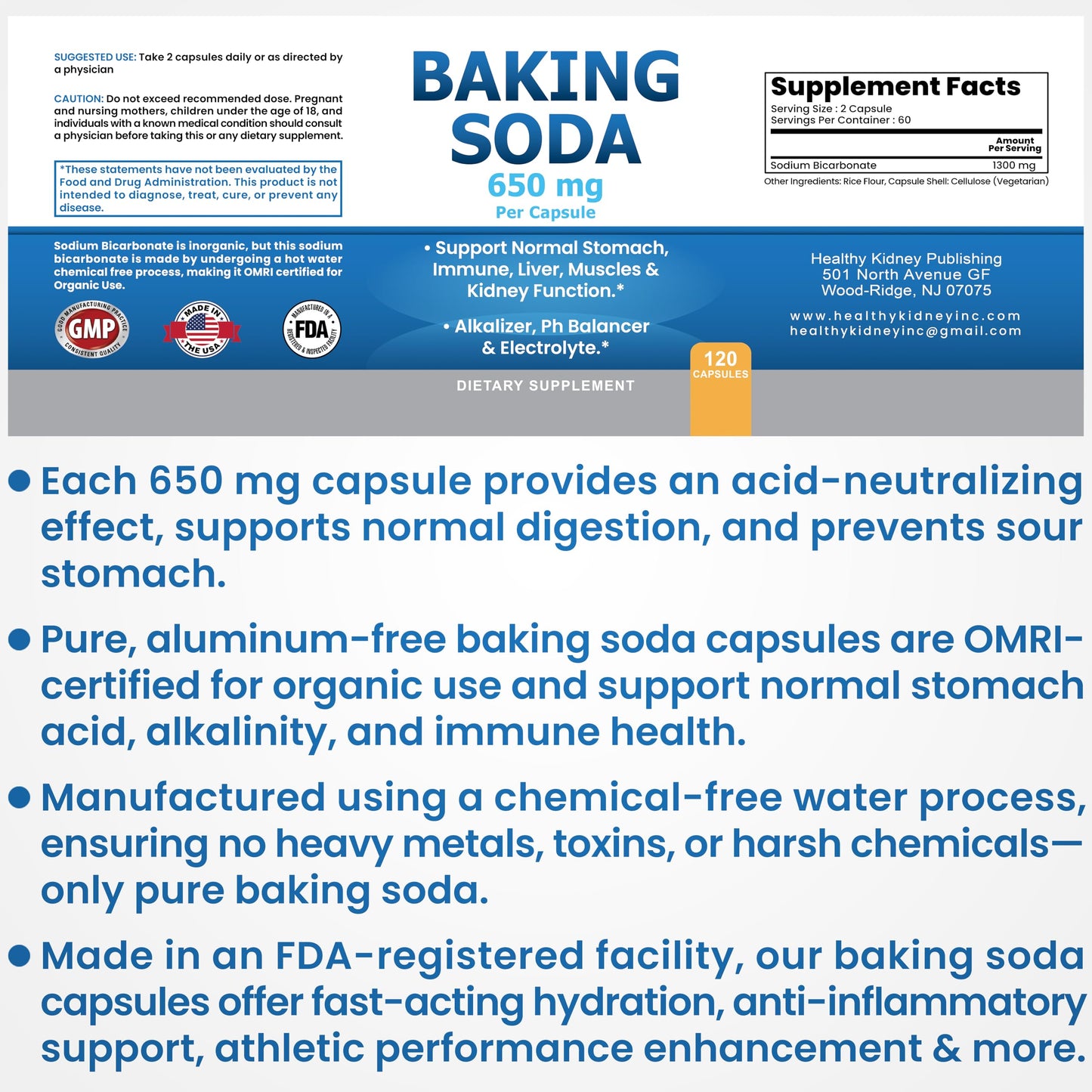 Kidney Restore Natural Baking Soda Capsules 650 mg – Aluminum-Free Sodium Bicarbonate
