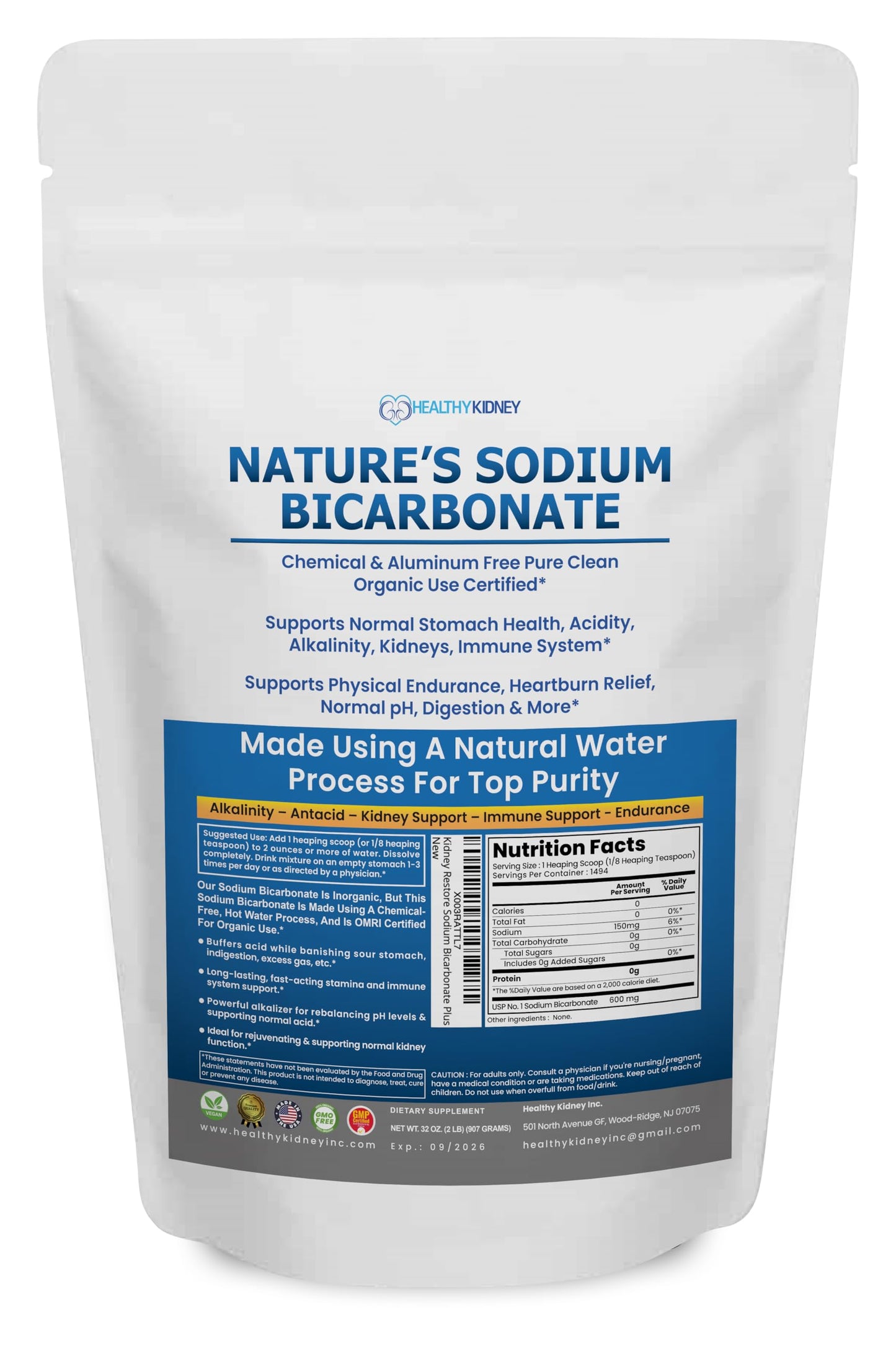 Kidney Restore Nature’s Sodium Bicarbonate - Aluminum-Free Organic Baking Soda (2 lb)