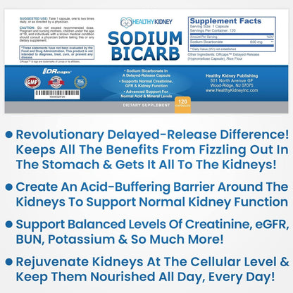 Kidney Restore Sodium Bicarbonate 650mg Capsules | Delayed Release for Kidney Support | 30 Capsules