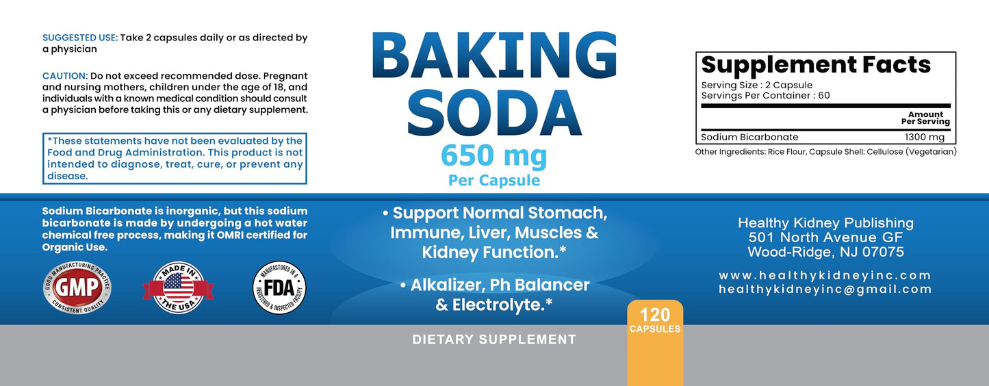 Kidney Restore Natural Baking Soda Capsules 650 mg – Aluminum-Free Sodium Bicarbonate