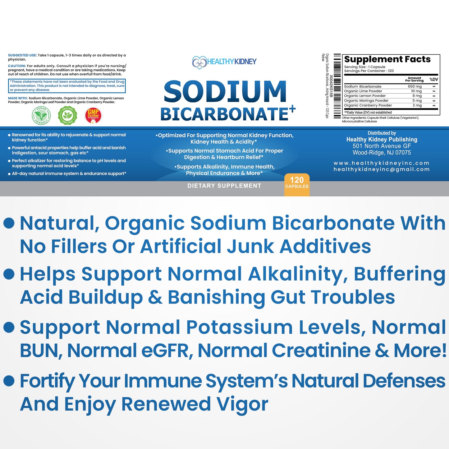 Organic Sodium Bicarbonate 650 mg Capsules | Kidney Restore – Alkaline Support & Fast-Acting Antacid