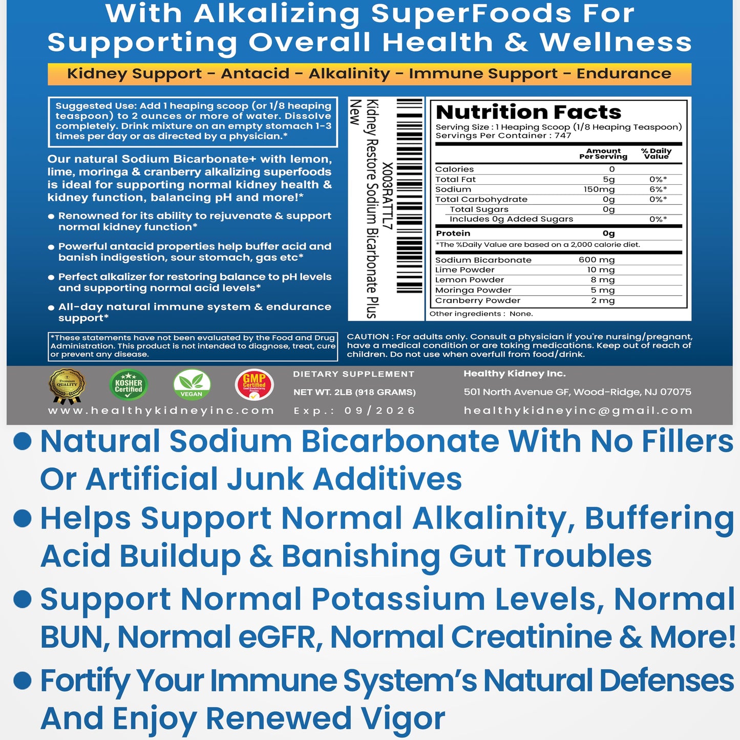 Kidney Restore Organic Sodium Bicarbonate Alkaline Supplement – Kidney Support & Digestive Comfort