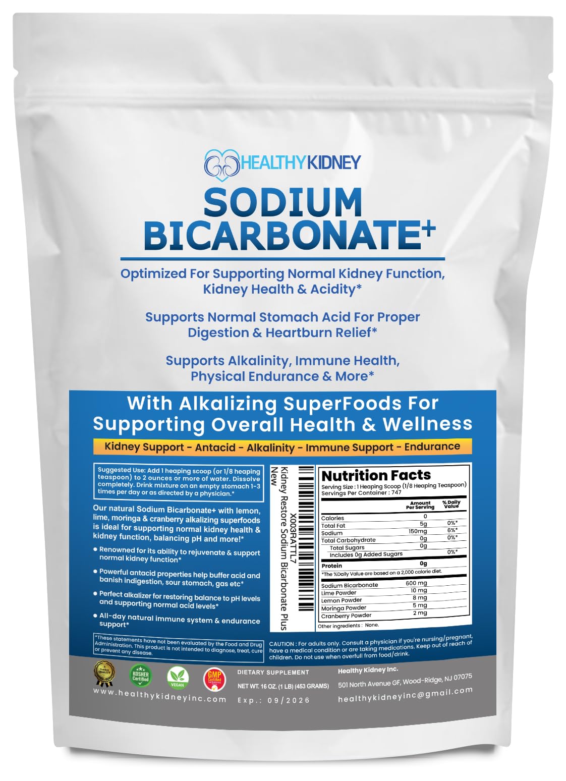 Kidney Restore Organic Sodium Bicarbonate Alkaline Supplement | Kidney Health & Stomach Support (1LB)