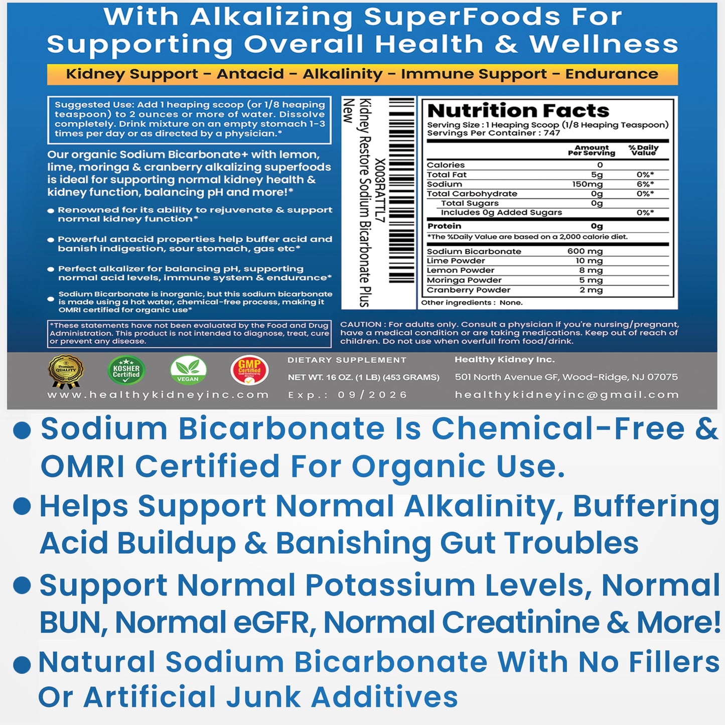 Kidney Restore Organic Sodium Bicarbonate Alkaline Supplement | Kidney Health & Stomach Support (1LB)
