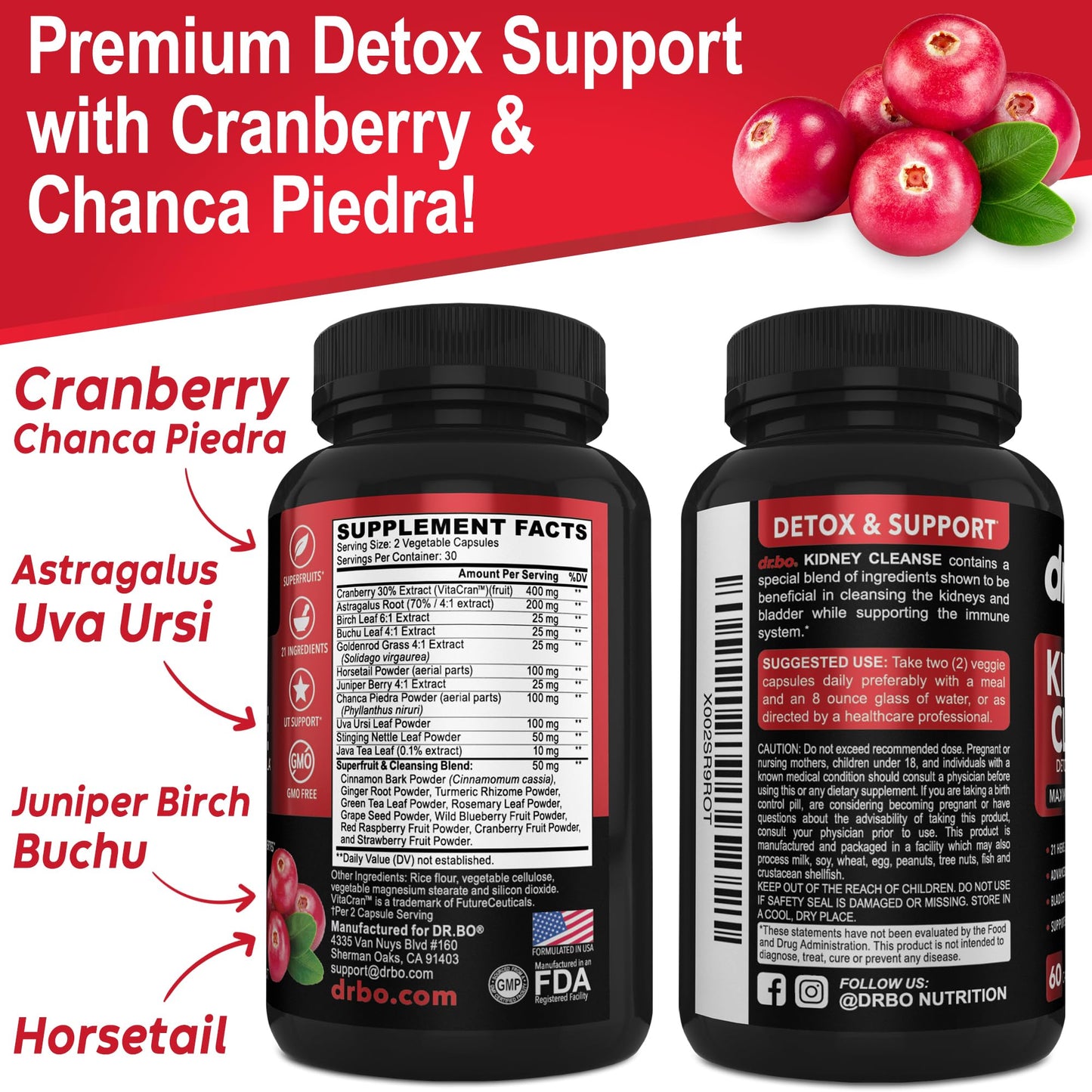 Kidney Cleanse Detox Support Supplement – Cranberry, Juniper Berries, Buchu & Uva Ursi for Kidney & Urinary Tract Health