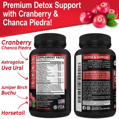 Kidney Cleanse Detox Support Supplement – Cranberry, Juniper Berries, Buchu & Uva Ursi for Kidney & Urinary Tract Health