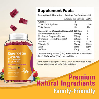 2 Packs Quercetin Gummies with Bromelain + Elderberry, Echinacea, Vitamin C, D & Zinc – Immune Support (120 Count)