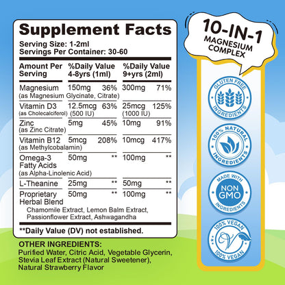 Kids Magnesium Liquid Drops – Glycinate & Citrate for Sleep, Calm, Focus, Bones