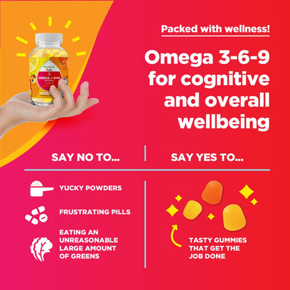 Kids Omega DHA Gummies - Fatty Acids Omega 3 6 9 with Vitamin C for Brain, Immunity & Vision - Nutritional DHA for Kids for Healthy Nervous System & Focus Support - Fish Free & Vegan - 60 Chews