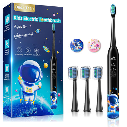 Kids Electric Toothbrush – Rechargeable Sonic Timer, 3 Modes, 4 Heads (Astronaut Black)
