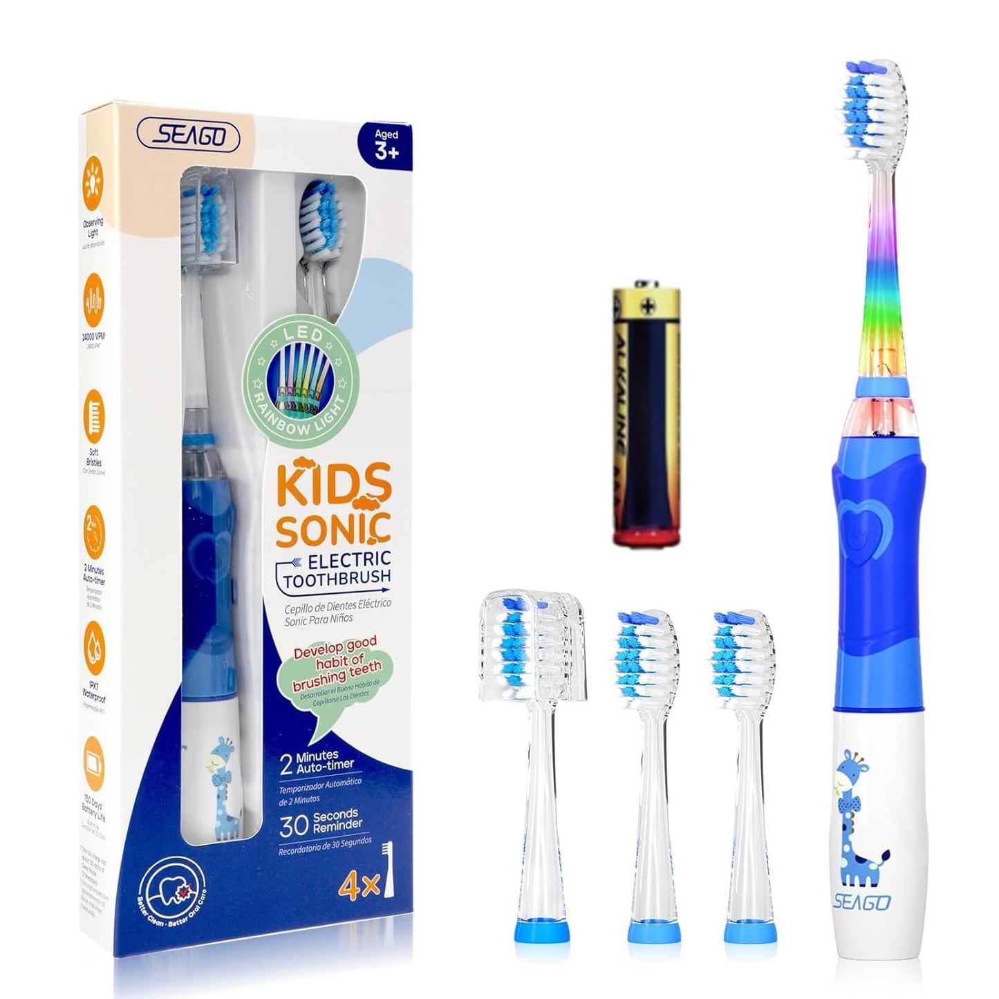 Kids Electric Toothbrush for Ages 4-12 – 2-Min Timer, 24,000 VPM, LED Lights, 4 Replacement Heads (Blue)