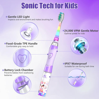 Kids Electric Toothbrush with Timer - Rainbow LED Rabbit Purple (Ages 2-12)