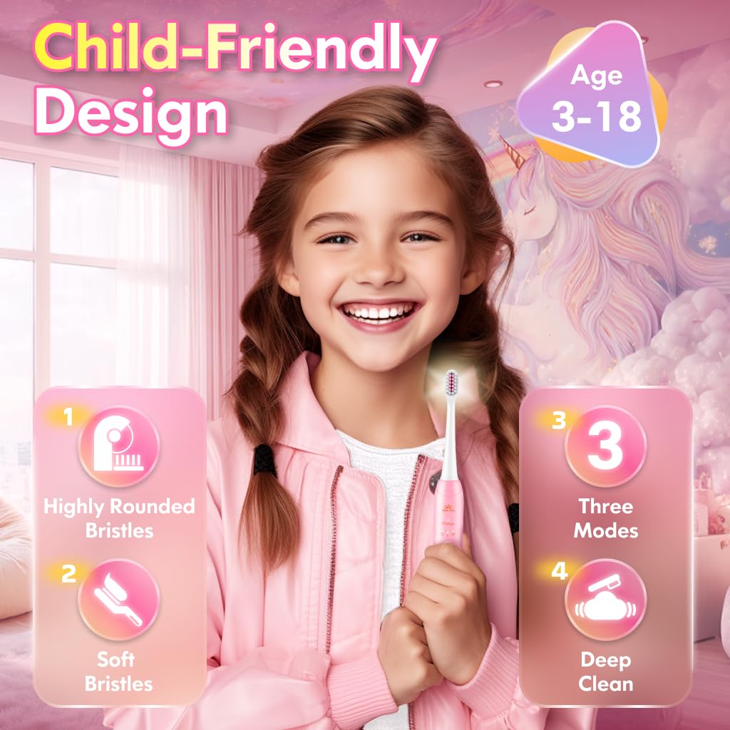 Kids Electric Toothbrush for Girls – Unicorn Pink, 3 Modes, 4 Heads, 31000 VPM