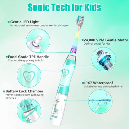 Kids Electric Toothbrush for Ages 2-12 | Rainbow LED Light Up, Green Giraffe
