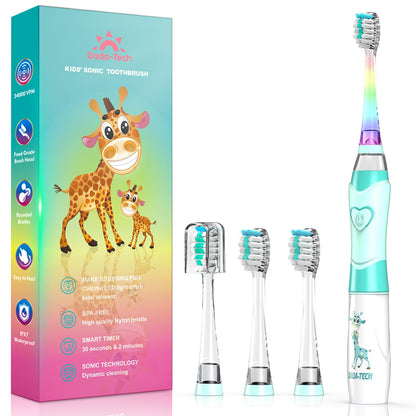 Kids Electric Toothbrush for Ages 2-12 | Rainbow LED Light Up, Green Giraffe