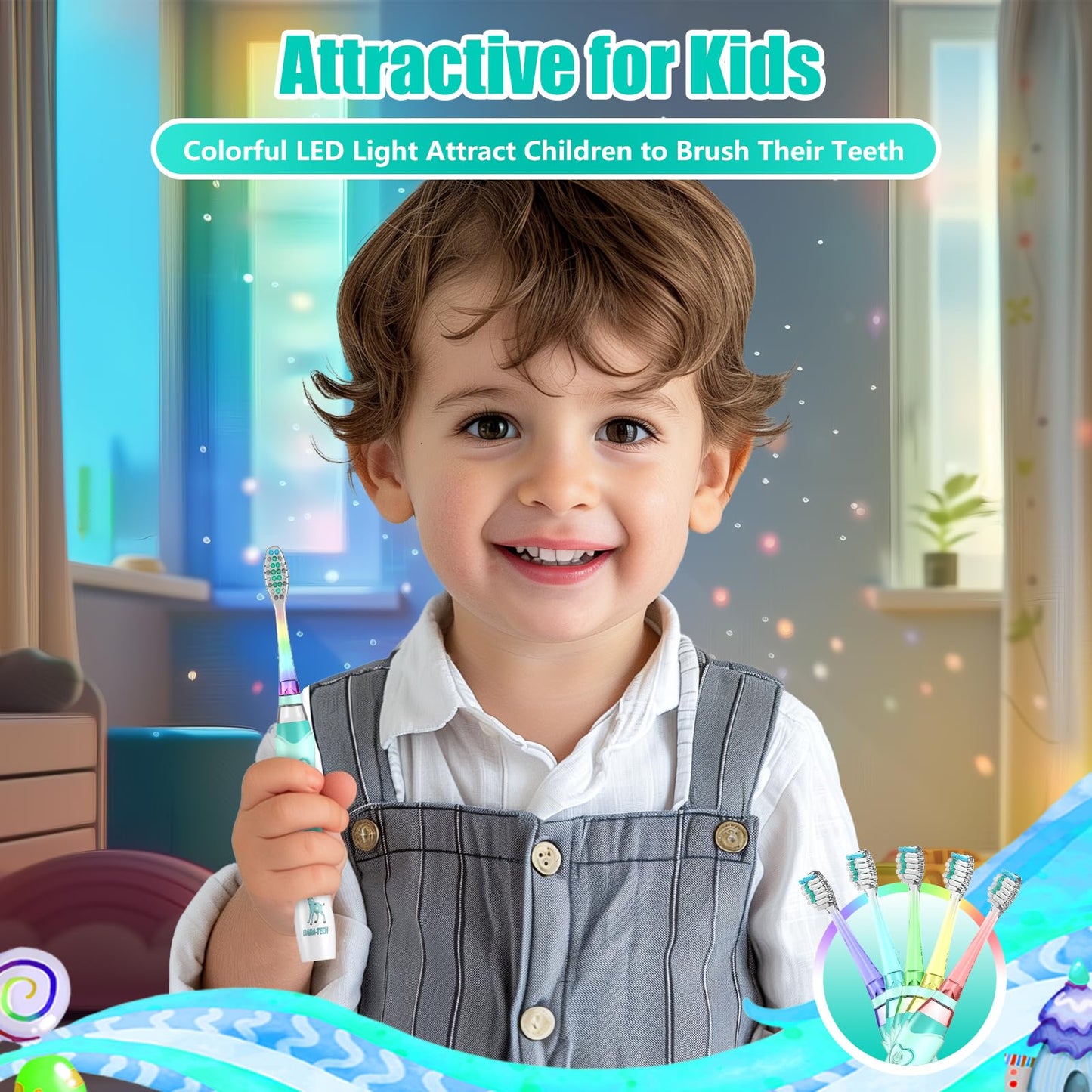 Kids Electric Toothbrush for Ages 2-12 | Rainbow LED Light Up, Green Giraffe