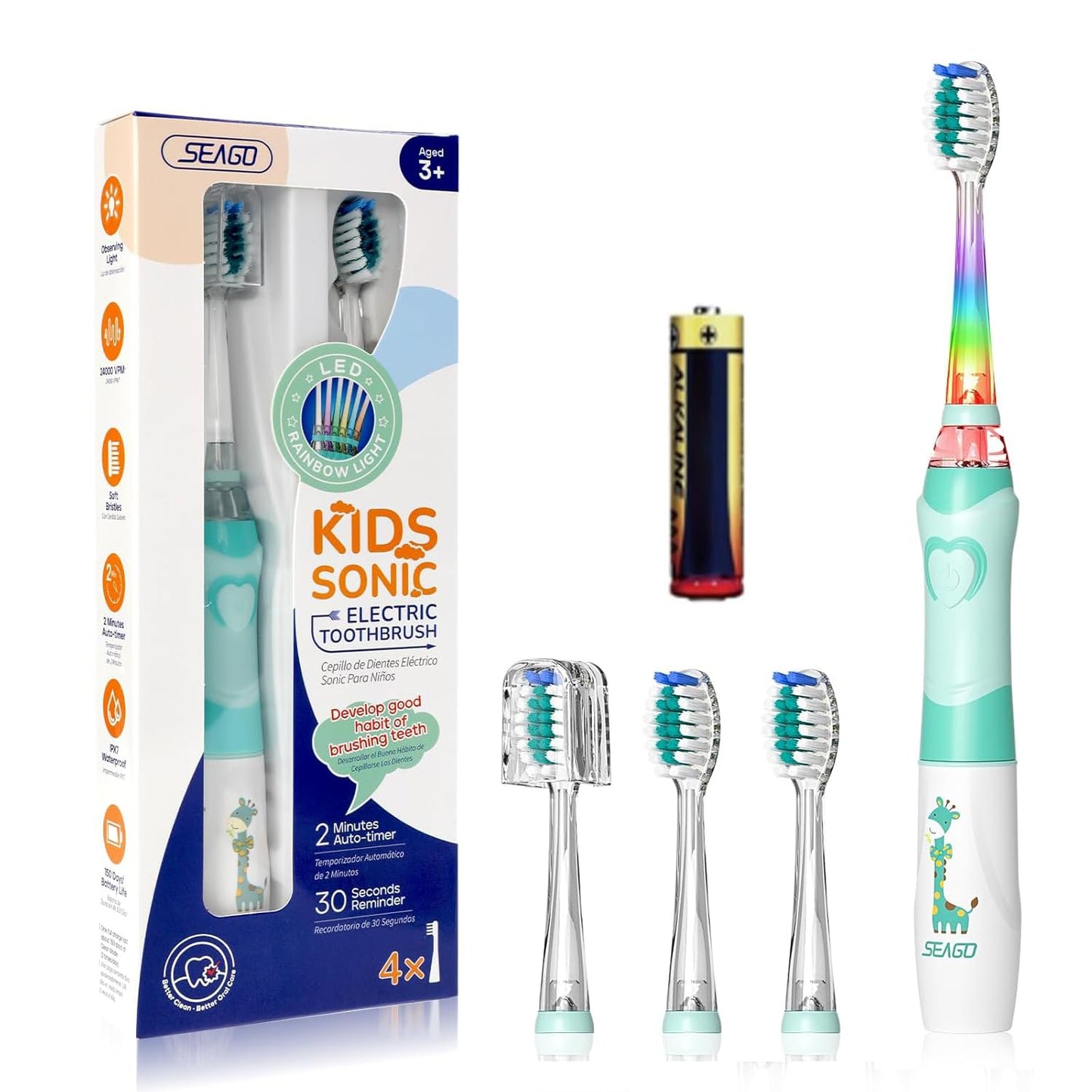 Kids Electric Toothbrush with 2-Minute Timer, 30-Second Reminder, 24,000 Vibrations – Includes 4 Replacement Brush Heads, Green