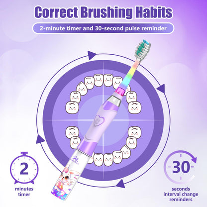 Kids Electric Toothbrush with Timer - Rainbow LED Rabbit Purple (Ages 2-12)