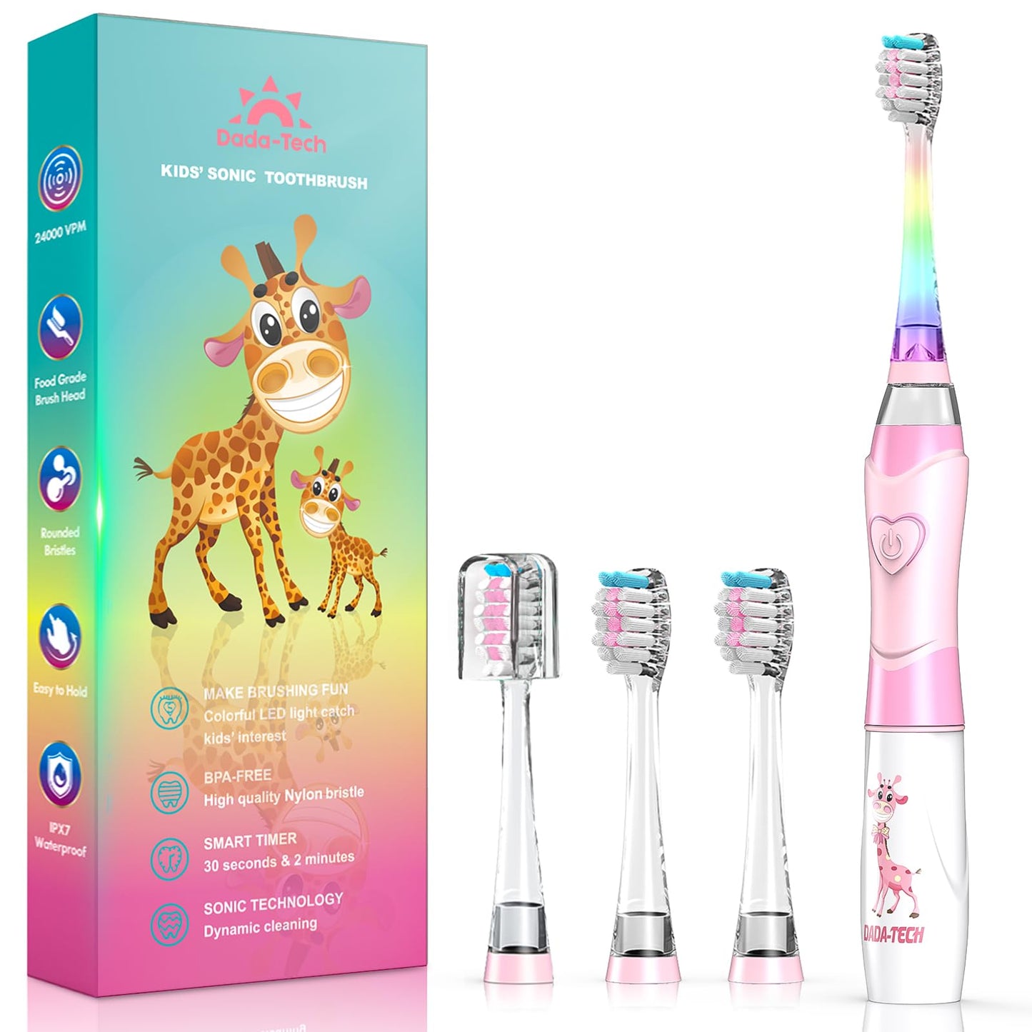 Kids Electric Toothbrush 2-12 | Rainbow LED, 2-Min Timer, Pink Giraffe