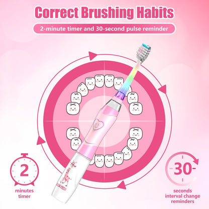 Kids Electric Toothbrush 2-12 | Rainbow LED, 2-Min Timer, Pink Giraffe