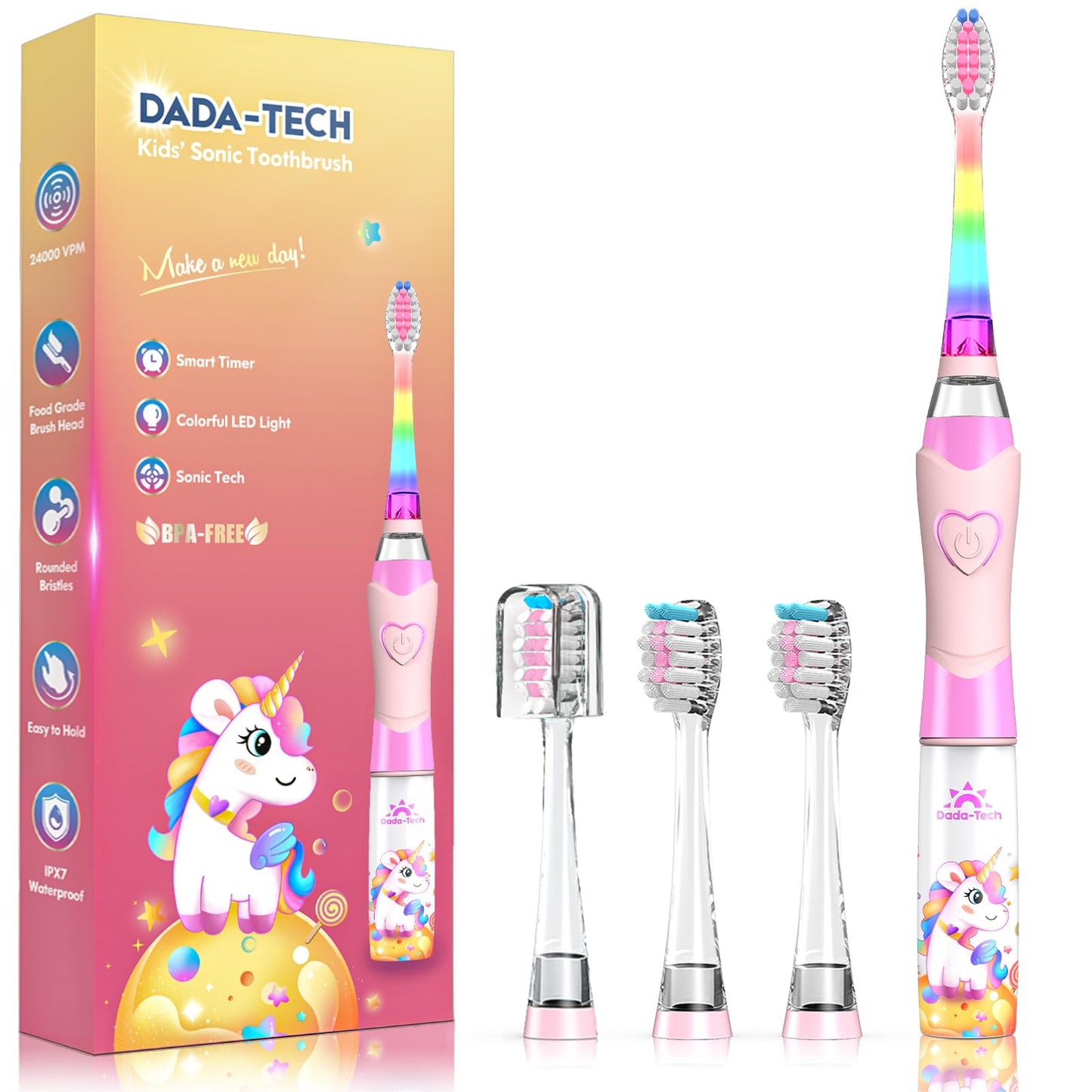 Kids Electric Toothbrush with Timer for Ages 2-12 | Rainbow LED, Pink Unicorn