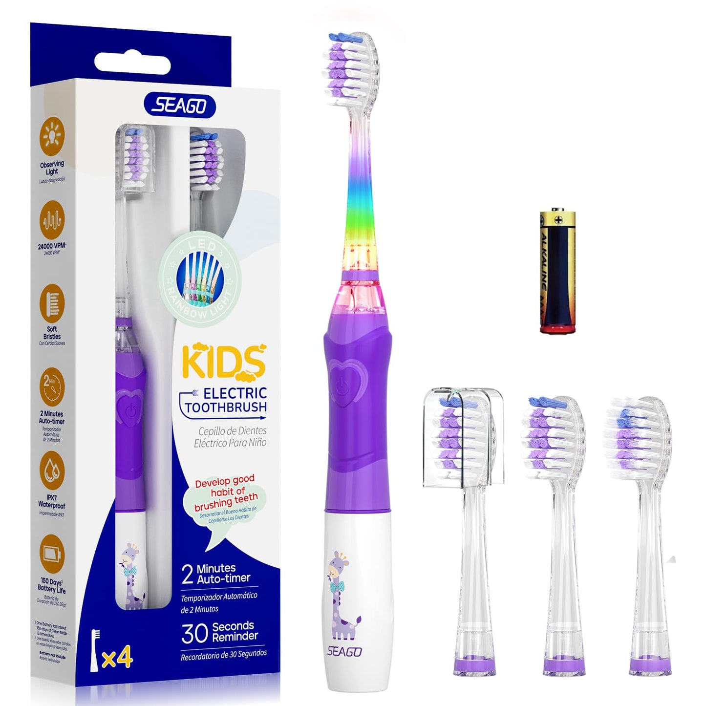 Kids Electric Toothbrush 24,000 VPM – 2-Min Timer, 4 Replacement Heads (Purple)