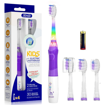 Kids Electric Toothbrush 24,000 VPM – 2-Min Timer, 4 Replacement Heads (Purple)