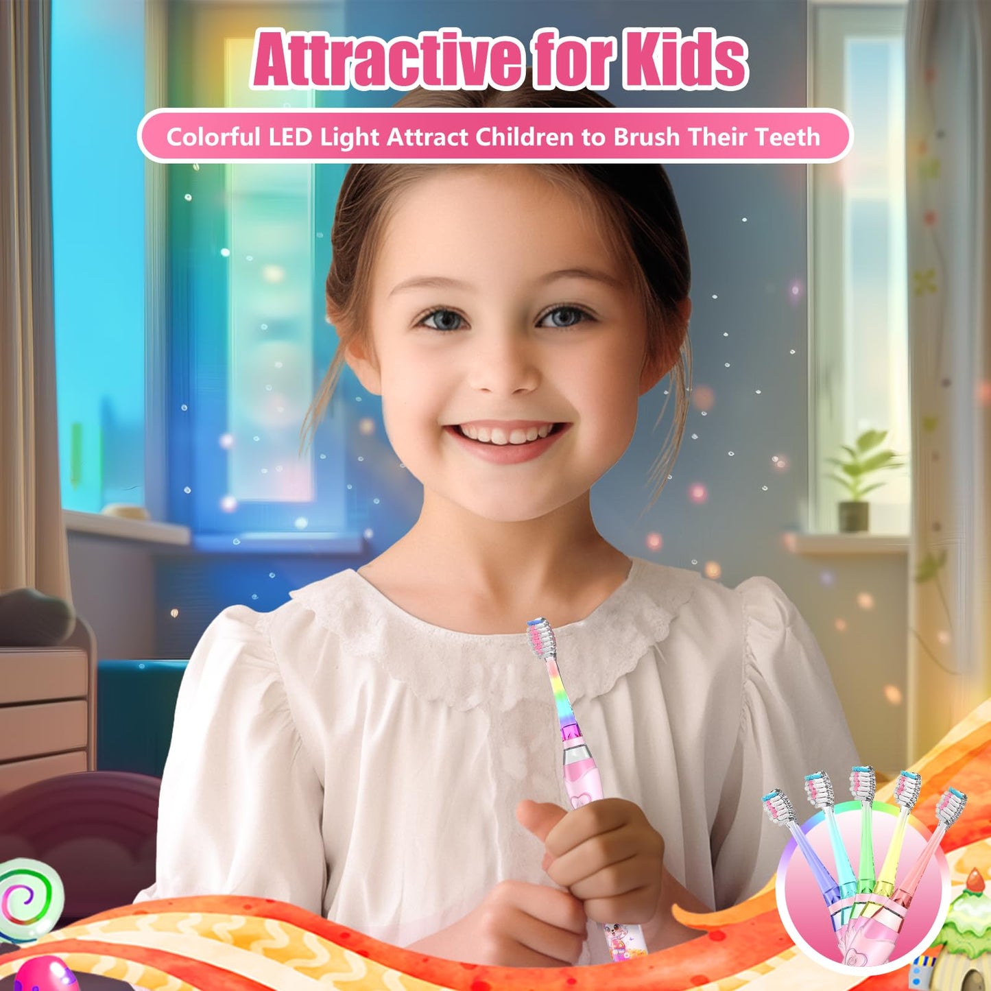 Kids Electric Toothbrush for Ages 2-12 | Rainbow LED Timer - Rabbit Pink