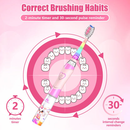Kids Electric Toothbrush for Ages 2-12 | Rainbow LED Timer - Rabbit Pink