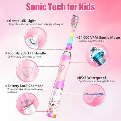 Kids Electric Toothbrush for Ages 2-12 | Rainbow LED Timer - Rabbit Pink