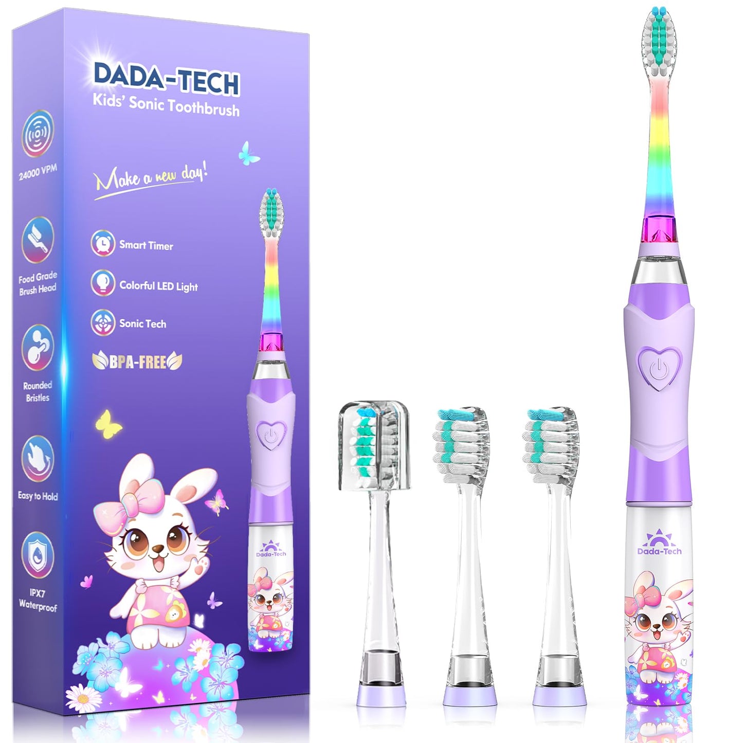 Kids Electric Toothbrush with Timer - Rainbow LED Rabbit Purple (Ages 2-12)
