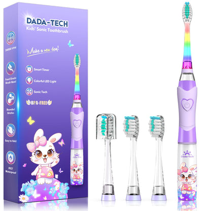 Kids Electric Toothbrush with Timer - Rainbow LED Rabbit Purple (Ages 2-12)