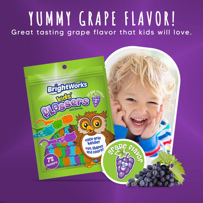 Kids’ Grape-Flavored Dental Flossers – Colorful Animal Shapes, Easy-Grip, Fluoride-Coated (Pack of 3 x 75)