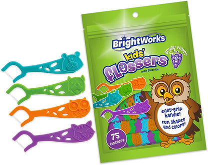 Kids’ Grape-Flavored Dental Flossers – Colorful Animal Shapes, Easy-Grip, Fluoride-Coated (Pack of 3 x 75)