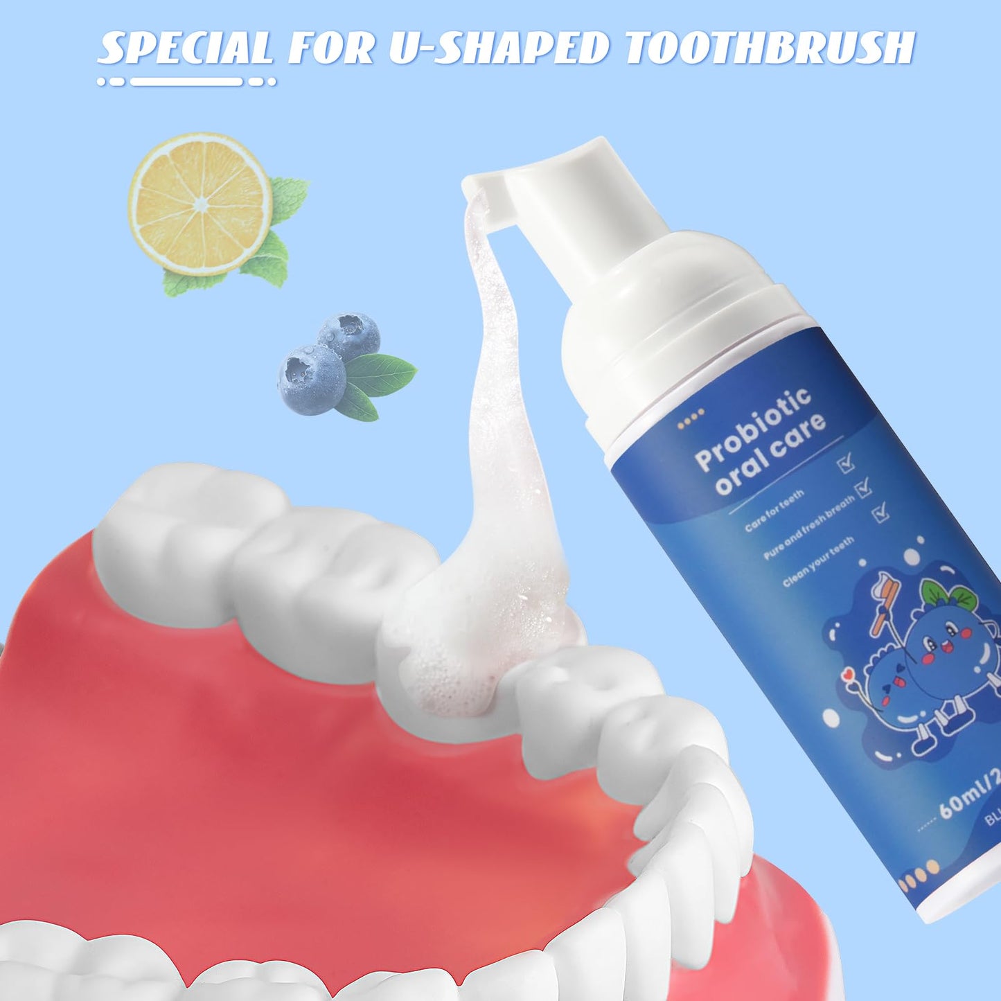 Kids Fluoride-Free Foam Toothpaste for Toddlers – Blueberry Mint Foam, Natural Toothpaste, Travel Size for U-Shaped Toothbrush