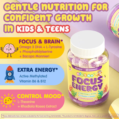 Kids Focus Gummies - Brain Supplements with Vegan Omega 3 DHA, Phosphatidylserine, L-Theanine, L-Tyrosine, Methylated B6 & B12 for Kids & Teen Support Attention, Memory, Nootropic, Sugar Free 60cts