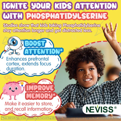 Kids Focus Gummies - Brain Supplements with Vegan Omega 3 DHA, Phosphatidylserine, L-Theanine, L-Tyrosine, Methylated B6 & B12 for Kids & Teen Support Attention, Memory, Nootropic, Sugar Free 60cts
