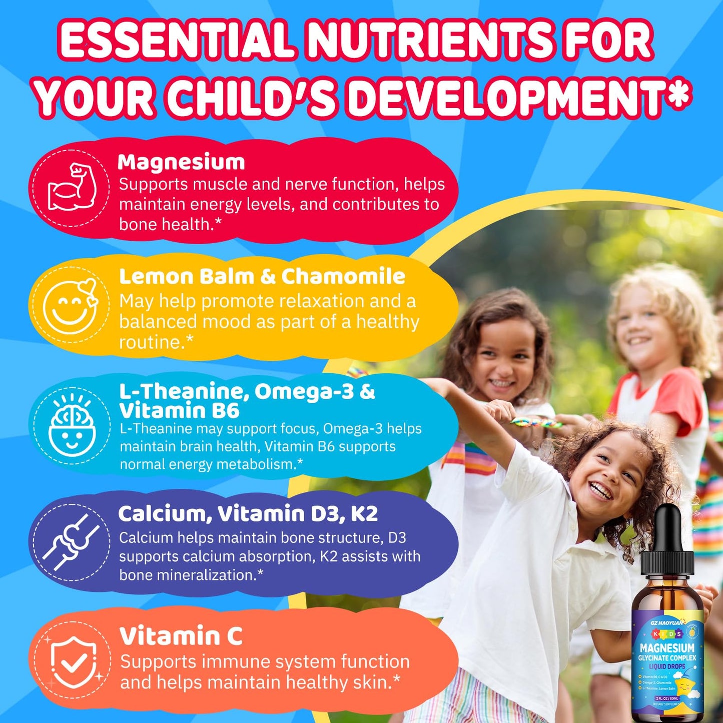 Kids Magnesium Glycinate Liquid Drops – Sleep, Calm & Focus (Strawberry, 2 fl oz)