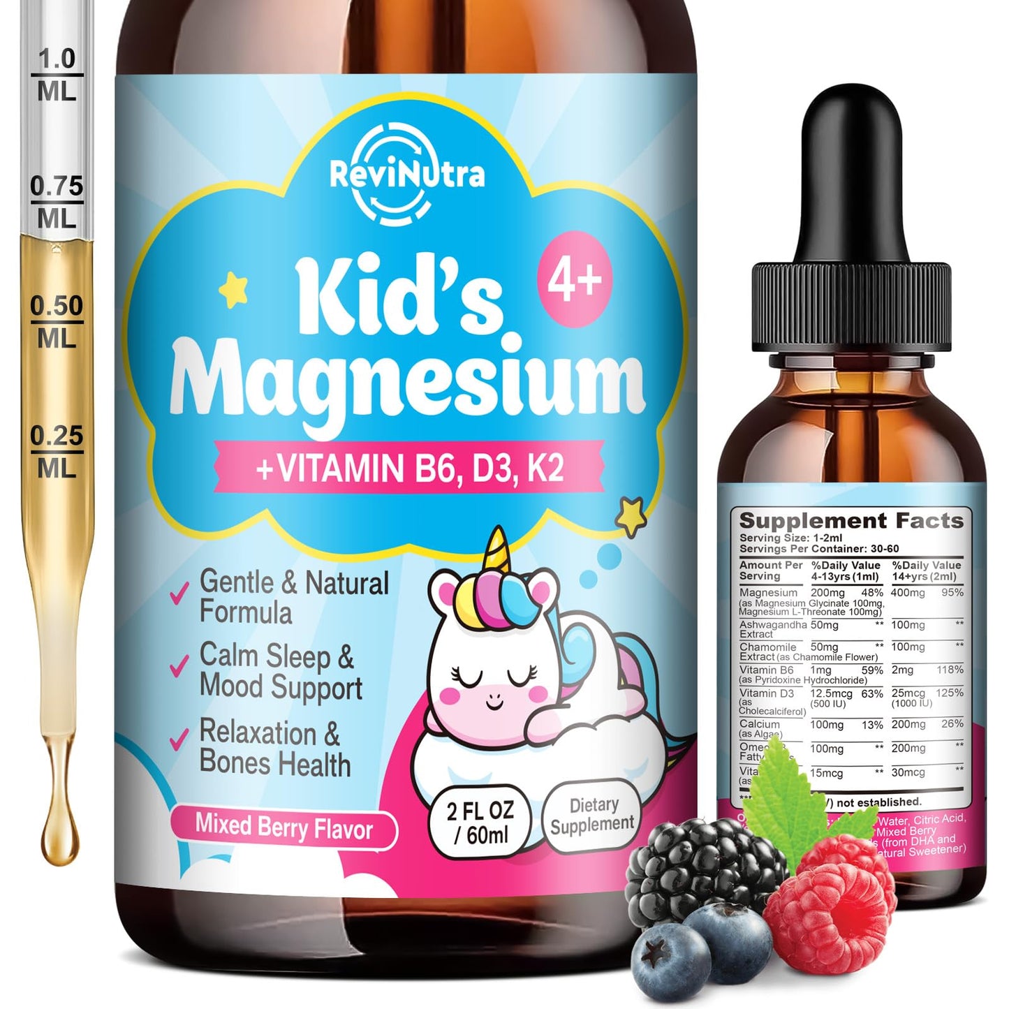 Kids Magnesium Glycinate Drops with Omega-3 & Chamomile | Sleep, Calm & Focus