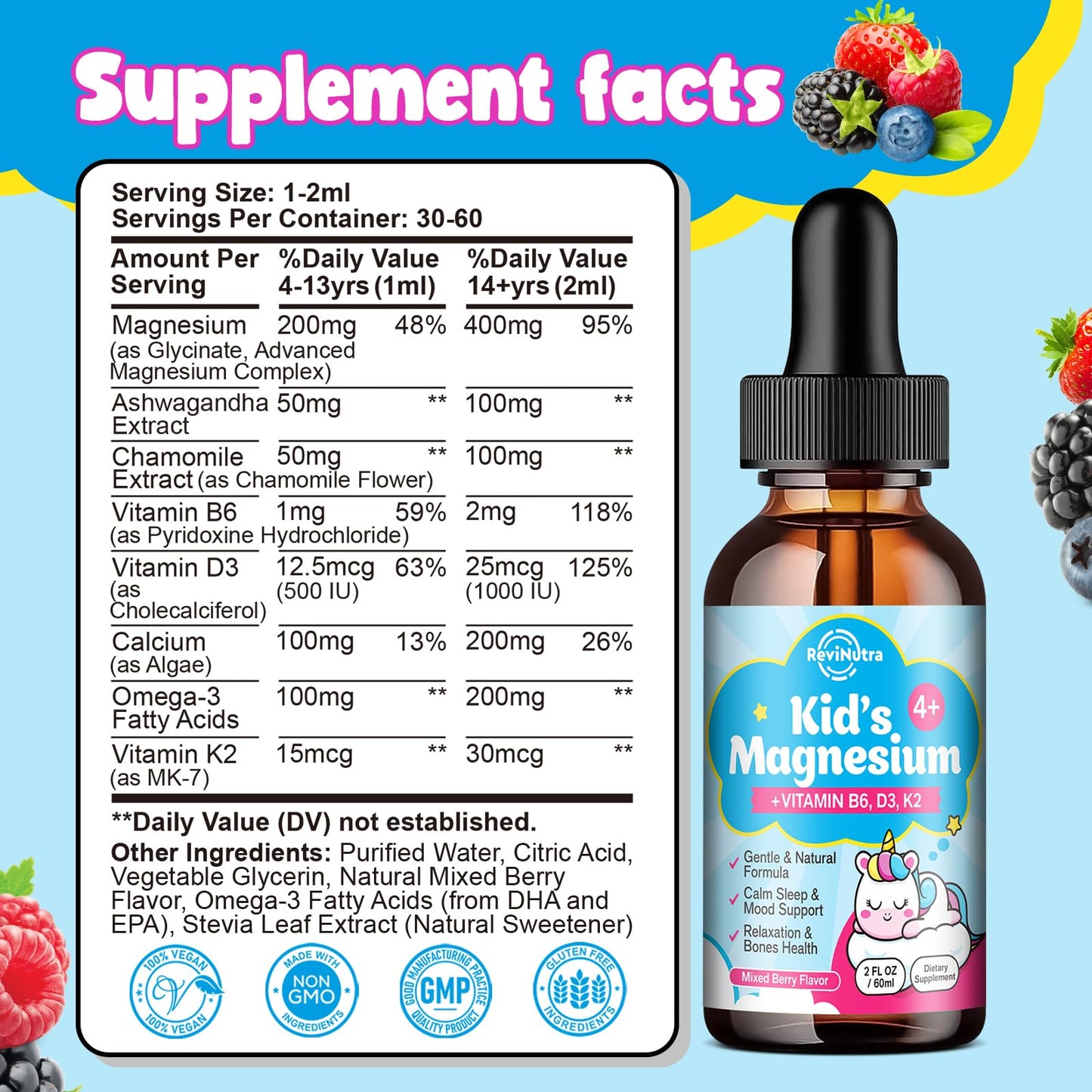 Kids Magnesium Glycinate Drops with Omega-3 & Chamomile | Sleep, Calm & Focus